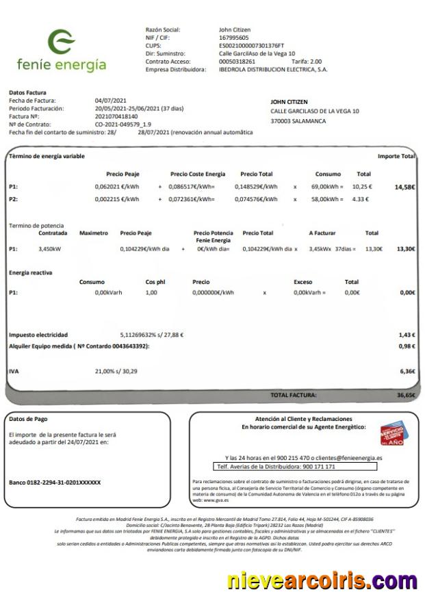 Spain Feníe Energía utility bill